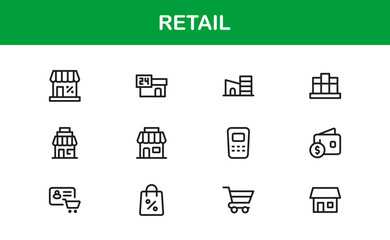 Retail Commerce Essentials Modern Line Icon Set – Symbols for Shopping, Storefronts, POS, Discounts, Delivery, Loyalty, Cart, Barcode, Payment and Ecommerce
