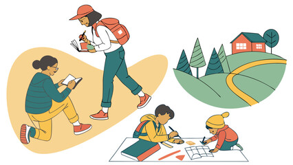 Diverse individuals engage in outdoor and indoor learning activities reflecting a blend of education and exploration in a stylized modern illustration