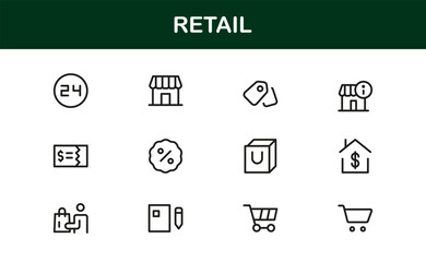 Retail Commerce Essentials Modern Line Icon Set – Symbols for Shopping, Storefronts, POS, Discounts, Delivery, Loyalty, Cart, Barcode, Payment and Ecommerce