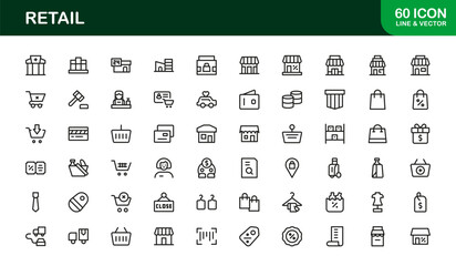 Retail Commerce Essentials Modern Line Icon Set – Symbols for Shopping, Storefronts, POS, Discounts, Delivery, Loyalty, Cart, Barcode, Payment and Ecommerce