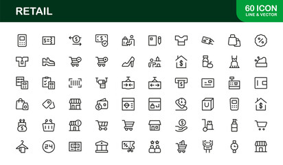 Retail Commerce Essentials Modern Line Icon Set – Symbols for Shopping, Storefronts, POS, Discounts, Delivery, Loyalty, Cart, Barcode, Payment and Ecommerce