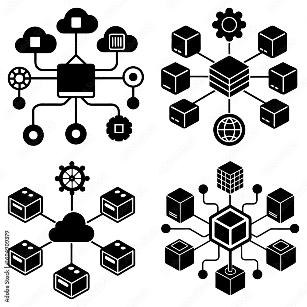 Poster four distinct network diagrams featuring cloud connections and central processing units displayed in