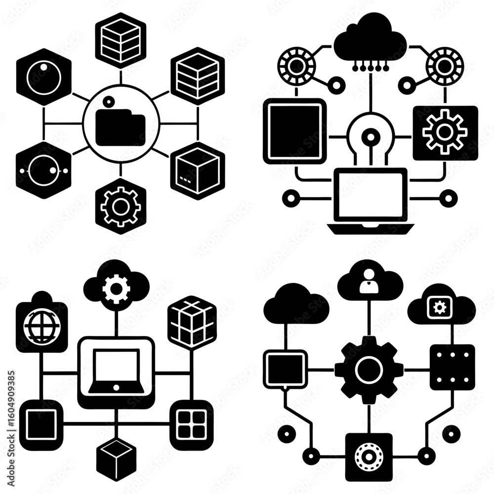 Poster illustration of interconnected network icons representing data processing and cloud computing system