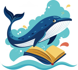 A giant whale jumping out of an open book's pages (symbolizing epic stories that come alive).