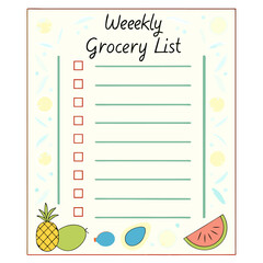 A charming and decorative weekly grocery list template featuring a collection of colorful fruits and playful decorative elements perfect for organizing shopping needs