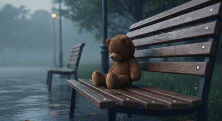 Teddy bear sitting alone on a bench in a rainy park
