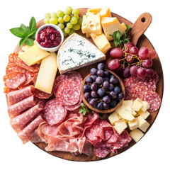 Variety of cured meats and cheeses arranged on a wooden platter with fruits and garnishes