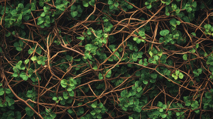 A dense tangle of thin brown branches intertwined with small green leaves filling the entire frame