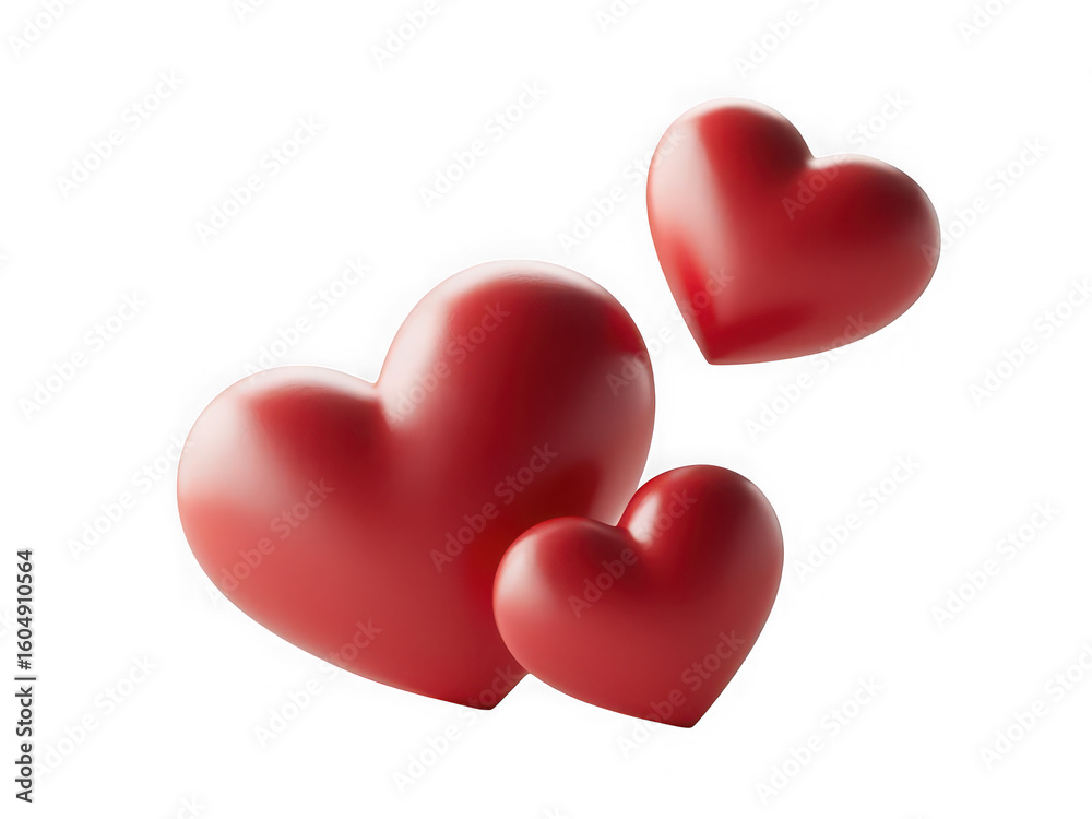 Poster three realistic red hearts floating in a dark void with soft lighting creating a romantic and emotio