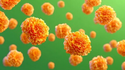 Vibrant Orange Marigold Flowers Floating Against A Green Background Creating A Cheerful Atmosphere