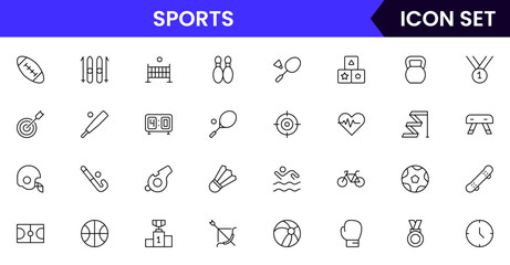 Sports vector line icons featuring balls, trophies, athletes, stadiums, equipment, fitness, competition, teams, and various popular sports activities.