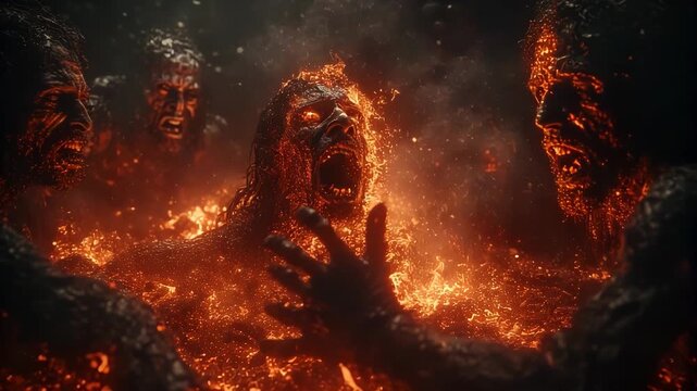 Fiery demon rising from flames, atmosphere in hell