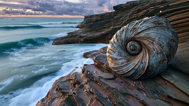 A large, intricately patterned seashell rests on rocky coastal terrain as waves crash in the background
