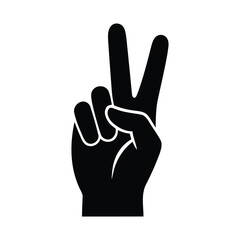 Black silhouette of a hand making the peace sign isolated on white background