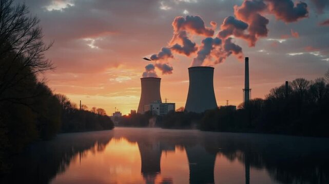 Impresionante vista del atardecer con torres de enfriamiento y reflejos en el agua en un entorno industrial.