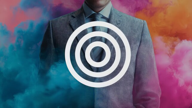 A professional in a stylish suit surrounded by colorful smoke effects.