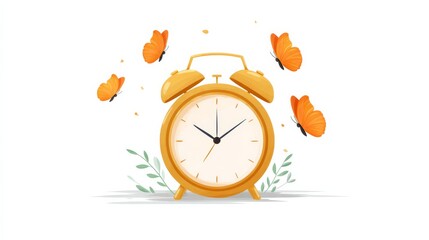 Whimsical Alarm Clock Surrounded by Vibrant Orange Butterflies Signifying Gentle Morning Awakening