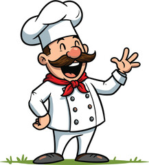 Chef greeting cad drawing flat vector illustration, cartoon cook in white uniform waving hand