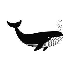 Whimsical black whale silhouette with bubbles isolated on white background