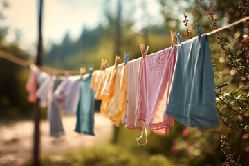 Colorful clothes drying on a clothesline outdoors