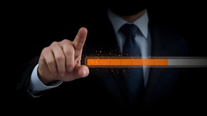 Businessman initiating data transfer or system process, indicated by a glowing orange loading progress bar on a futuristic interface. 