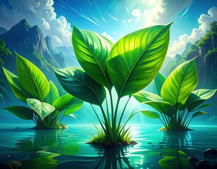 Lush green plants on a tranquil lake, sunlit mountains in the background