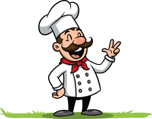 Chef character cad drawing flat vector illustration, cartoon cook in white uniform and hat
