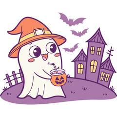 A cute, smiling cartoon ghost wearing a witch's hat, holding a pumpkin cup with a straw, and enjoying a drink in front of a spooky haunted house with bats flying overhead.