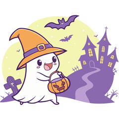Cute ghost trick-or-treating with a pumpkin bucket in front of a spooky castle.
