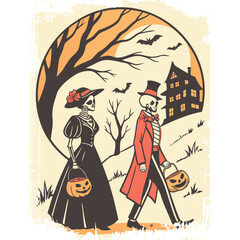 A vintage illustration of a skeleton couple in Victorian attire trick-or-treating on Halloween night.