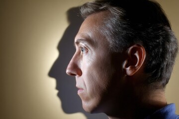 Profile of a man looking serious with his shadow cast on a wall behind him, highlighting facial features and contemplative expression.