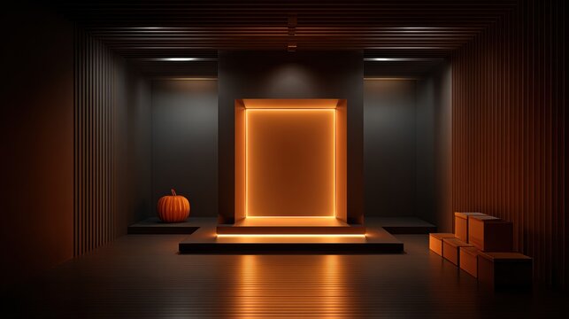 A futuristic, minimalist room with warm orange lighting highlights a glowing rectangular frame, accompanied by a pumpkin and stacked boxes in a dark, sleek environment.