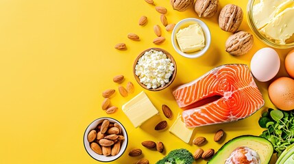 Fat-reducing diet concept - salmon, avocado, eggs, nuts, butter, and tea, bright yellow background