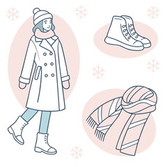A stylish illustration of a young woman dressed in winter attire complete with a warm coat hat scarf and boots surrounded by snowflakes