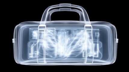 X-ray View of a Bag Revealing Electronics and Liquids with Glowing Effects