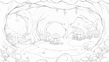 Obraz premium Magical cave scene filled with mushrooms and whimsical elements for coloring