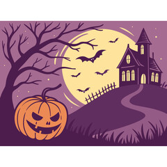 A spooky Halloween illustration with a haunted house on a hill, a full moon, flying bats, and a scary jack-o'-lantern.