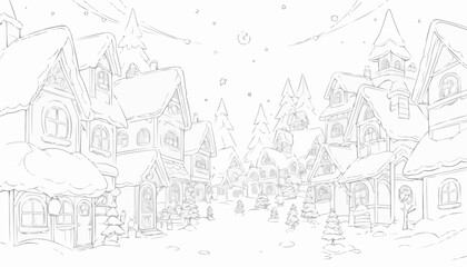 Obraz premium Charming line art of a cozy winter village with snow-covered houses and Christmas decorations for coloring