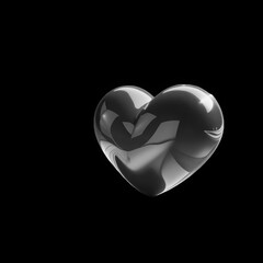 Close up of a glossy red heart shaped object with swirling white and pink patterns against a stark black background symbolizing love and passion