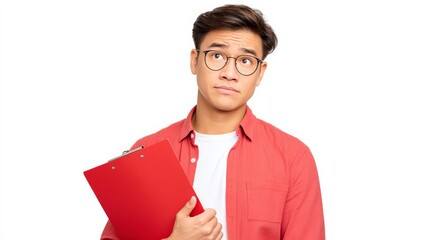 Young Asian Man Frowning While Holding Empty Red Report Folder