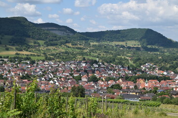 Blick auf den Ort Neuffen (W&uuml;rttemberg) mit Weinberg und Ausl&auml;ufern der Schw&auml;bischen Alb