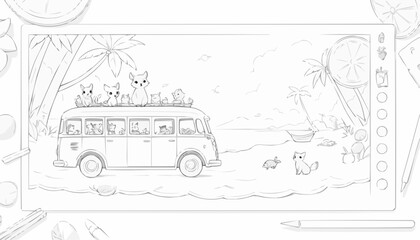 Coloring page of a vintage bus with animals on a beach scene
