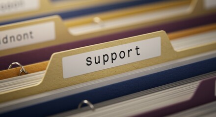Close-up of a filing system with focus on the "support" tab, conveying efficient organization