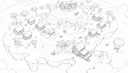 Obraz premium Coloring page of a tropical village with huts and palm trees on an island