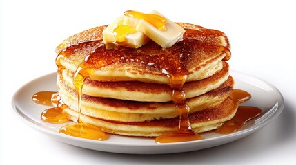 Stack of Pancakes with Butter and Syrup on a Plate