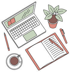 A minimalist overhead view of a clean workspace featuring an open laptop a notebook a pen a cup of coffee and a small potted plant