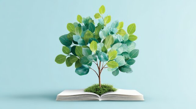 A vibrant tree growing from an open book, symbolizing knowledge and nature's harmony.