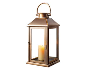 Bronze lantern with lit candle isolated on a transparent background light metal