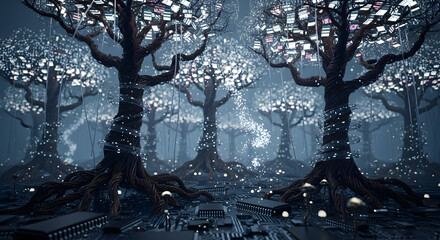Enchanted cybernetic grove with glowing pixelated trees in a dark setting