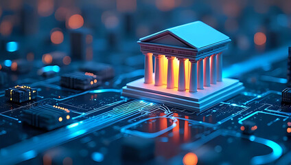 A futuristic digital banking hub with classical building with pillars on circuit board complex network of blue wires - finance, modern tech, and innovation concept